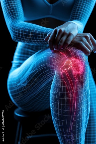 Radiographic image of a knee with osteoarthritis showcasing technological colors and neon lighting