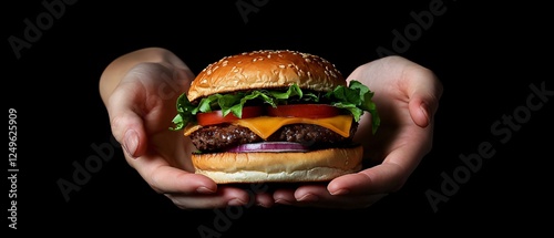 Beef Burger with Lettuce, Tomato, Red Onion, and Cheese on a White Plate