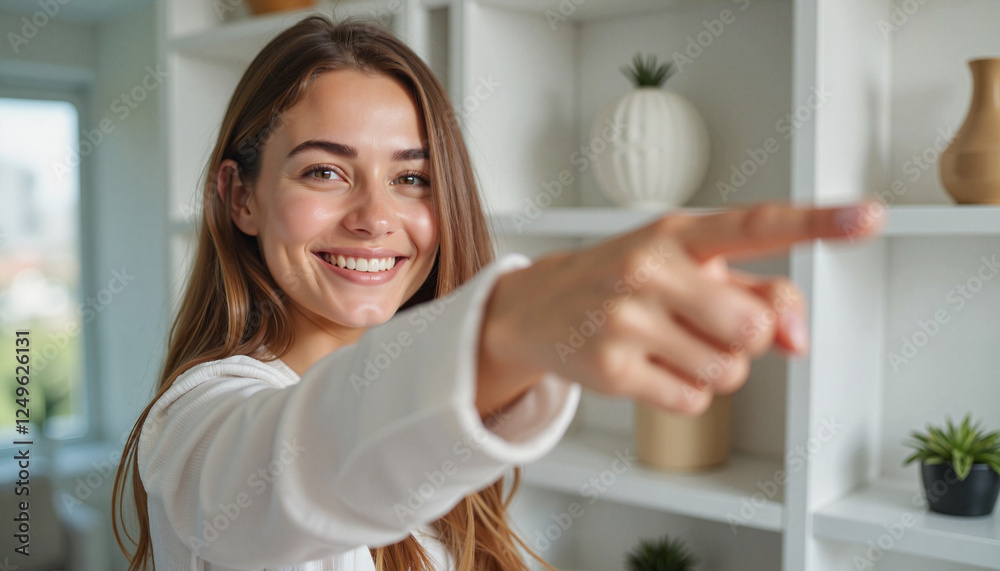 Person Pointing At Something with a Smile in a Bright Room Person Pointing At Something with a Smile in a Bright Room