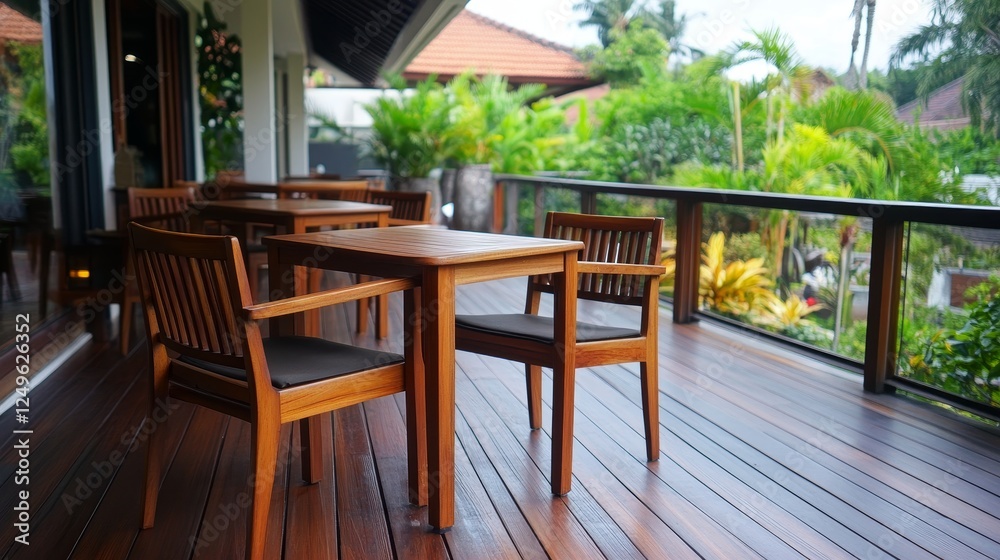 Cozy wooden patio with empty chair overlooking a lush garden in a tropical setting Cozy wooden patio with empty chair overlooking a lush garden in a tropical setting