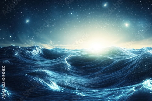 Waves gently crest under a starry night sky with a bright horizon