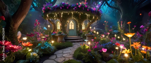 Intricate depiction of a whimsical fairy garden where Colorful Flowers Blooming Intertwined with Sparkling Lights and Magic Dust