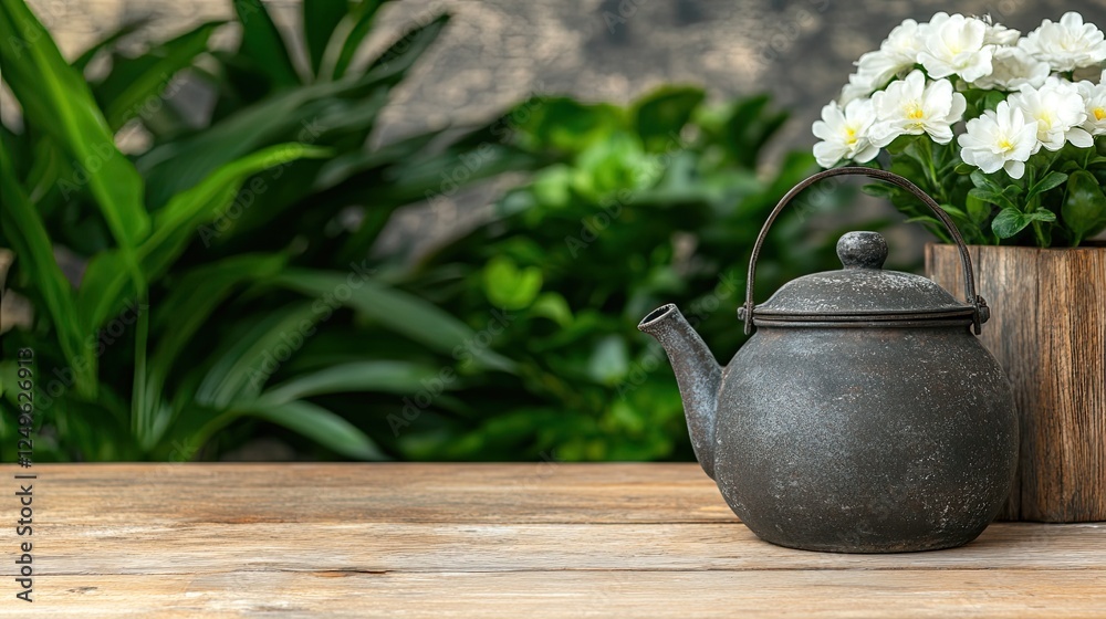 Old kettle rests on a wooden table outdoors, embraced by lush greenery and soft natural light, reflecting simple rustic charm Old kettle rests on a wooden table outdoors, embraced by lush greenery and soft natural light, reflecting simple rustic charm