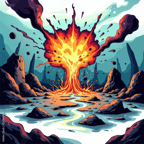 an illustration of a volcano with lava, lava and lavas in the background