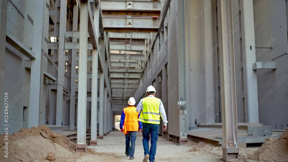 custom made wallpaper toronto digitalConstruction workers in protective gear walking through unfinished building, reviewing structural details and collaborative planning