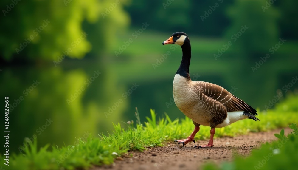 Goose strolling lakeside path, lush green reflection, waterfowl, Canada goose, shadows Goose strolling lakeside path, lush green reflection, waterfowl, Canada goose, shadows