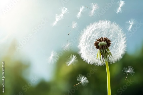 Beautiful dandelion blowing in the wind on a sunny day in a lush green field surrounded by a bright blue sky