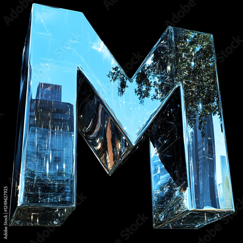 Reflective Glass 3D Letter M with Natural Scenery