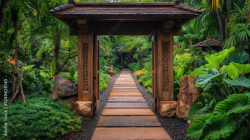 A serene view of a tranquil pathway winding through a lush tropical garden, inviting viewers to explore nature's beauty and emphasizing relaxation and peace. A serene view of a tranquil pathway winding through a lush tropical garden, inviting viewers to explore nature's beauty and emphasizing relaxation and peace.