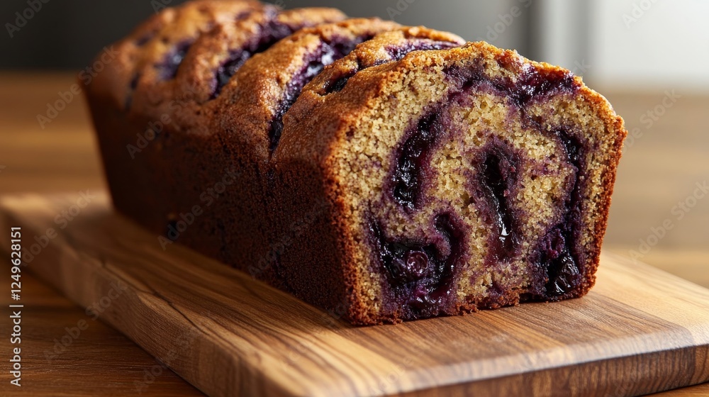 A freshly baked blueberry swirl cake displayed on a wooden cutting board, highlighting its rich colors and inviting texture, perfect for dessert and baking themed visuals. A freshly baked blueberry swirl cake displayed on a wooden cutting board, highlighting its rich colors and inviting texture, perfect for dessert and baking themed visuals.