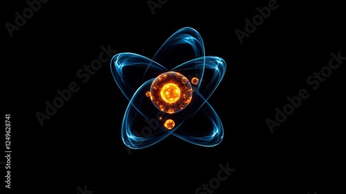 An intricate representation of an atom showcases its dynamic core and electrons, embodying scientific exploration, discovery, and the essence of matter.