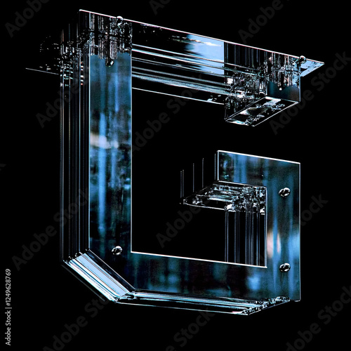 3D transparent glass letter G with geometric structure on black background
