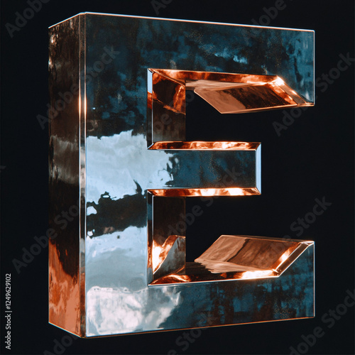 Glossy Metallic 3D Letter E with Stunning Reflections