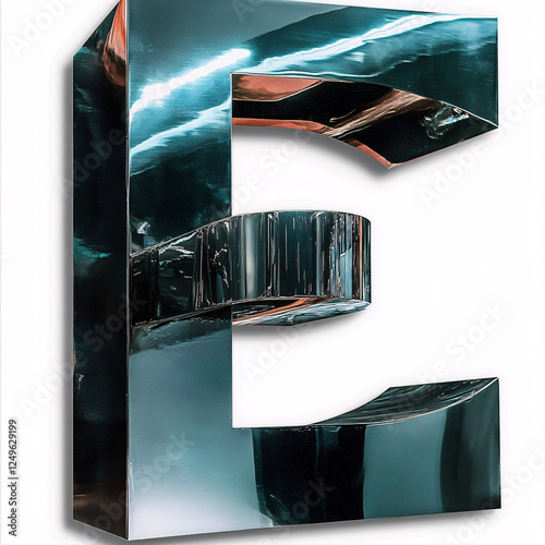 3D Glass Letter E with Geometric Touch and Light Reflections