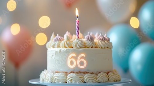 Family gathers to celebrate a sweet 66th birthday with a beautifully decorated cake and vibrant decorations in soft lighting photo