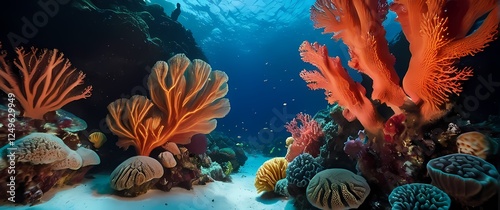 Enchanting scene of sponge like coral formations under the sea teeming with life and showcasing the vibrancy of the underwater world photo