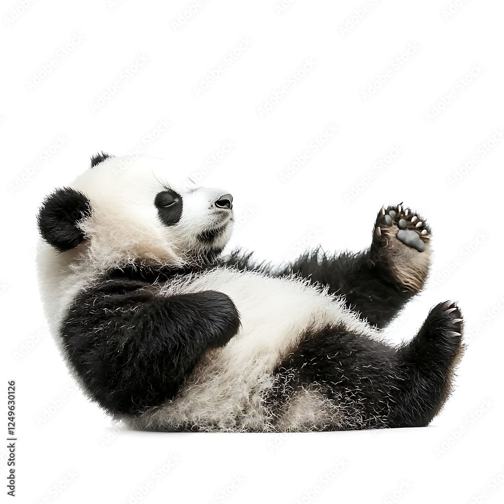 Fototapeta premium Fluffy panda cub lying on its back, paws up, resting peacefully against a plain white background.