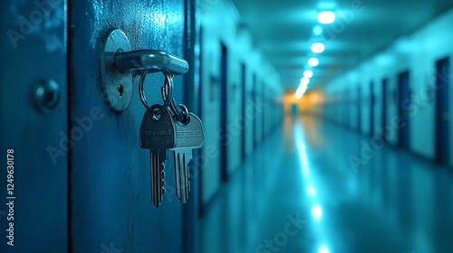 3D Rendering of a Key in an Open Prison Door with Depth Blur for Mockup or Banner Design