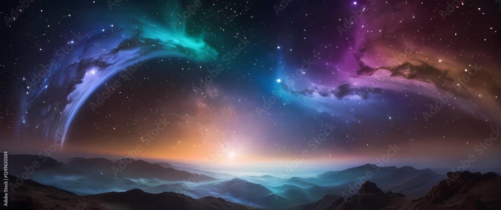 Obraz premium Enchanting portrayal of an ethereal dreamscape filled with colorful stars and moons inviting viewers to explore the wonders above