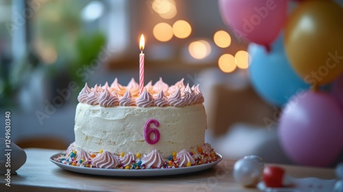 Celebration of a child's sixth birthday with a beautifully decorated cake and festive balloons in a cozy setting