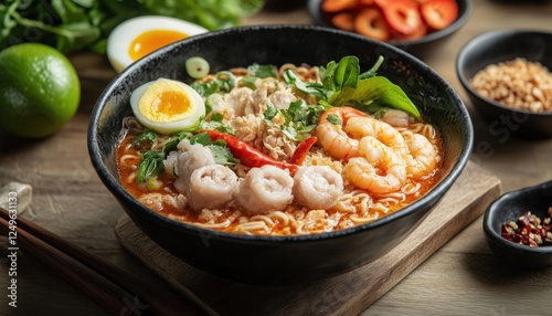 Creamy Spicy Instant Noodles With Thai Tom Yum Soup: A Fusion Of Minced Pork, Shrimp, Crispy Pork, Squid, And Egg, Topped With Lime And Carrot. photo