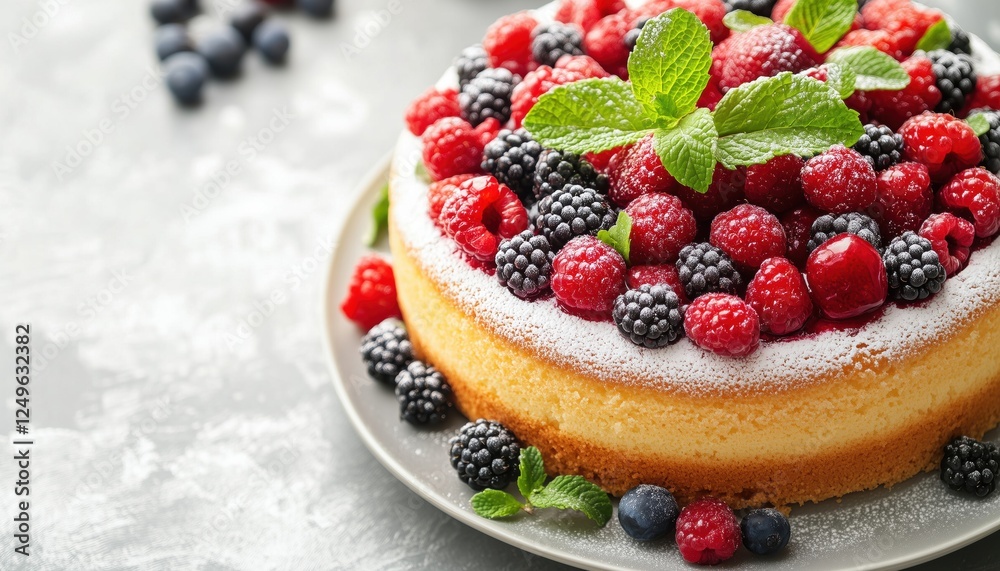 Delicious Sponge Cake Topped With Fresh Berries And Mint, Presented On A Light Gray Table, Captured In Close-Up Shot. Delicious Sponge Cake Topped With Fresh Berries And Mint, Presented On A Light Gray Table, Captured In Close-Up Shot.