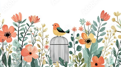 A bird perched atop a cage amidst a floral field and birdhouse