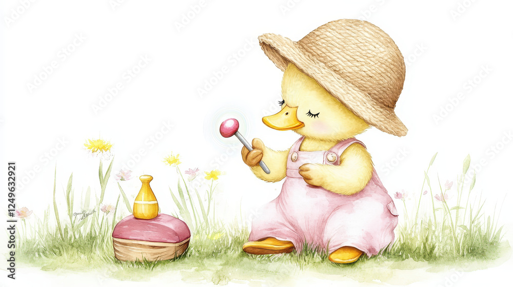 Naklejka premium Cute duckling wearing straw hat and pink overalls, playing with lollipop in flower filled meadow