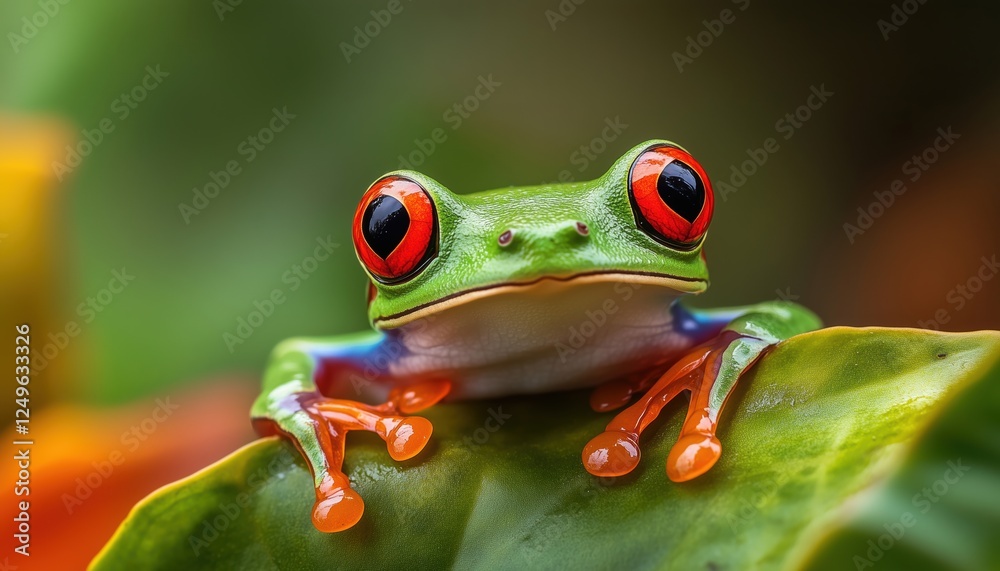Close-Up Views Of Red-Eyed Tree Frogs In Natural Habitat: Perched On Leaves, Branch, And Peeking Over Edge Of Leaf Close-Up Views Of Red-Eyed Tree Frogs In Natural Habitat: Perched On Leaves, Branch, And Peeking Over Edge Of Leaf