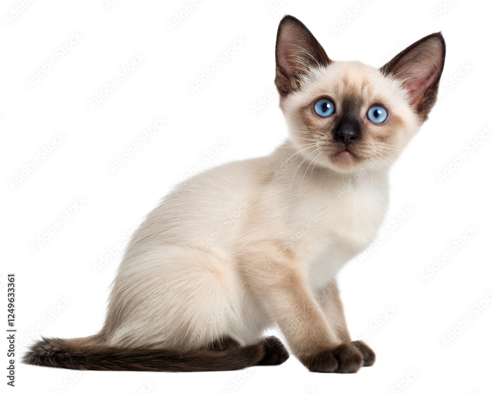 Small cute Siamese kitten isolated on white background. Thai kitty sitting in front of white background. Studio photo Small cute Siamese kitten isolated on white background. Thai kitty sitting in front of white background. Studio photo