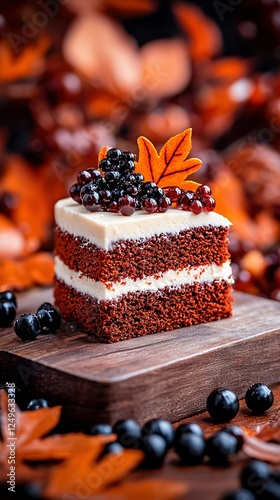   Red velvet cake with white frosting & blackberries on wooden cutting board surrounded by leaves