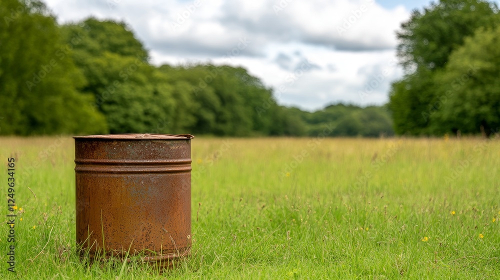 Rusty metal barrel standing in a lush green field under a cloudy sky with tree in the background Rusty metal barrel standing in a lush green field under a cloudy sky with tree in the background
