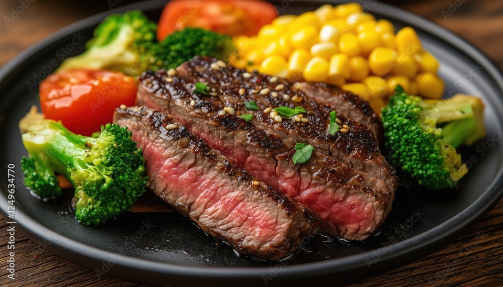 Delicious Sirloin Steak With Corn, Tomato, And Broccoli Cooked In Air Fryer, Served In A Dish On A Wooden Table, Hong Kong Fast Food. Delicious Sirloin Steak With Corn, Tomato, And Broccoli Cooked In Air Fryer, Served In A Dish On A Wooden Table, Hong Kong Fast Food.