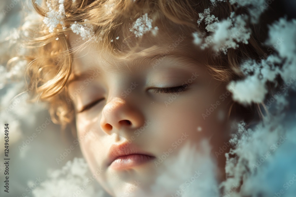 Child peacefully resting surrounded by soft, fluffy snow in a tranquil winter setting Child peacefully resting surrounded by soft, fluffy snow in a tranquil winter setting