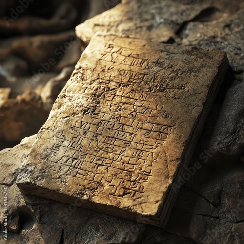 Ancient stone tablet displays inscriptions on a rocky surface photo