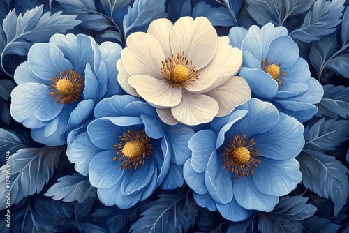 A beautiful arrangement of blue and white flowers with golden centers.