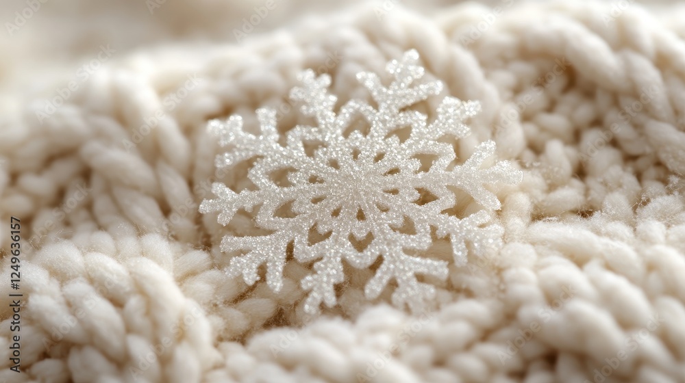 Glittery snowflake on cream knit fabric; winter holiday background Glittery snowflake on cream knit fabric; winter holiday background
