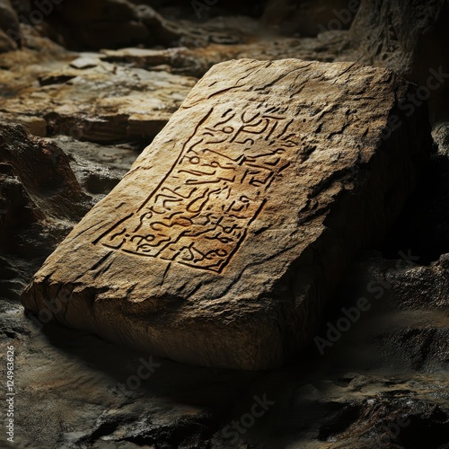 Ancient stone tablet reveals archaic script within a sandy cave photo