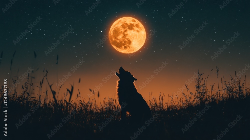 Fototapeta Howling wolf under the glow of a full moon in a tranquil night sky