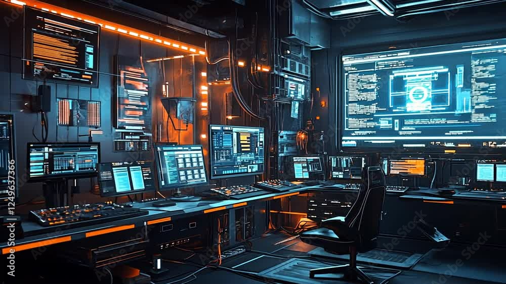 Futuristic control room filled with multiple monitors displaying code and data analysis