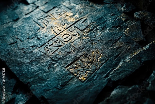 Ancient symbols carved onto stone surface with dark textured background