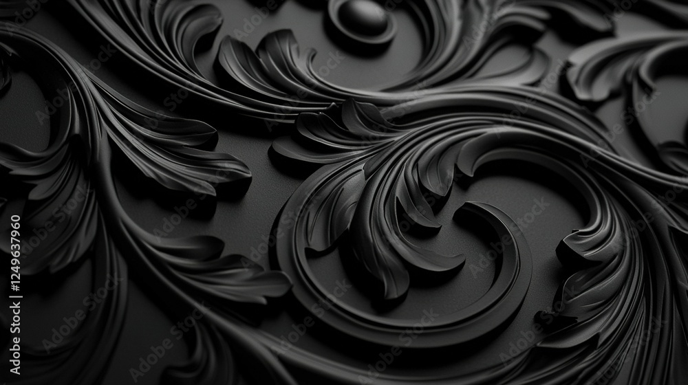 A close-up view of a black wallpaper with a swirly design at the base of the wall A close-up view of a black wallpaper with a swirly design at the base of the wall