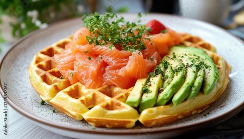 Avocado And Salmon Keto Cheese Waffle: A Savory And Satisfying Low-Carb Breakfast Or Brunch Option Packed With Cheesy Goodness. photo