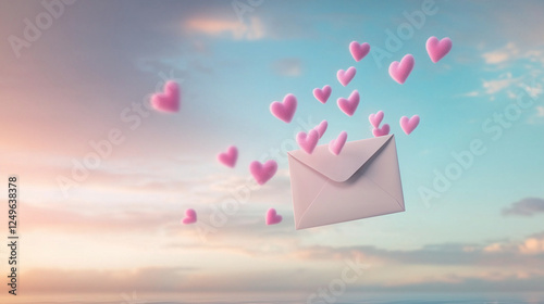 Flying envelope in the sky with hearts floating out – a symbol of love, romance, and tender emotions in a dreamy pastel composition. Perfect for greeting cards, marketing campaigns, and love messages