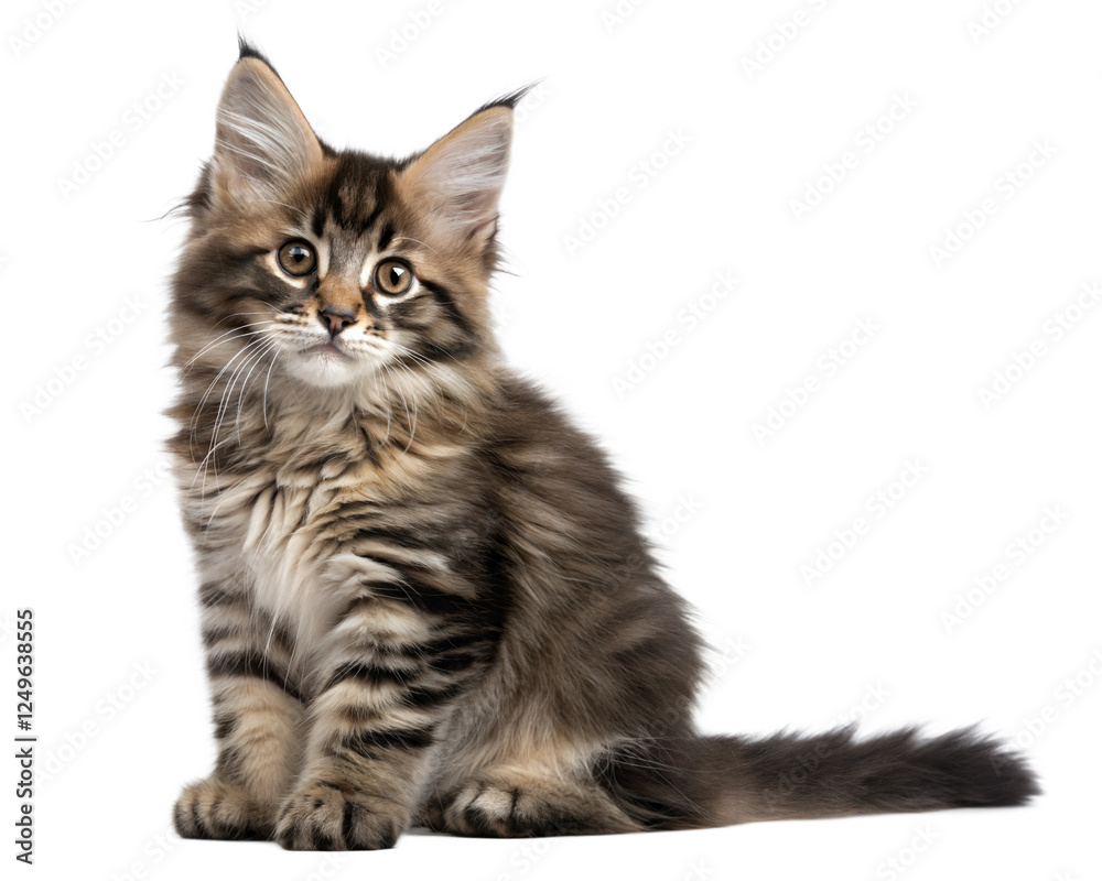 Obraz premium Norwegian forest kitten isolated on white background. Norwegian forest kitten sitting in front of white background. 