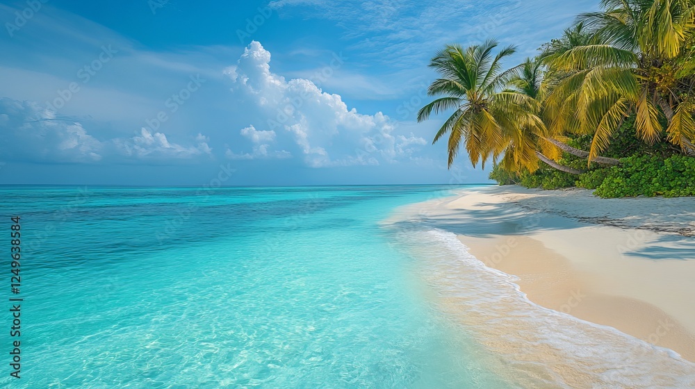 Naklejka premium A stunning tropical beach featuring soft white sand, crystal clear waters, and lush palm trees, creating a picturesque landscape ideal for a tranquil getaway.
