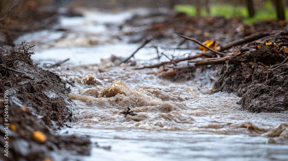 Obraz premium A close-up of a muddy river overflowing its banks after heavy rains, with strong currents carrying debris and branches.