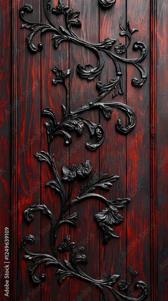 Close-up photo of wooden door with metal detailing and clock on side Close-up photo of wooden door with metal detailing and clock on side