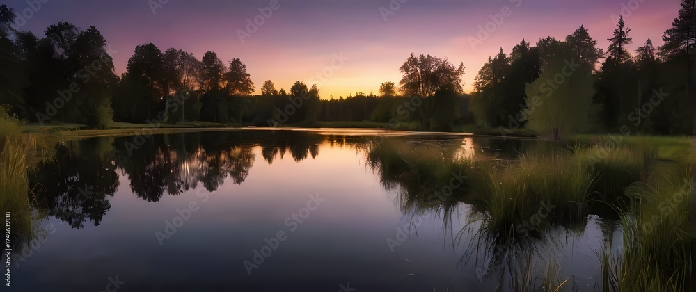 Obraz premium Captivating scene of a tranquil pond reflecting the evening sky where the colors merge beautifully in serene harmony against natures palette