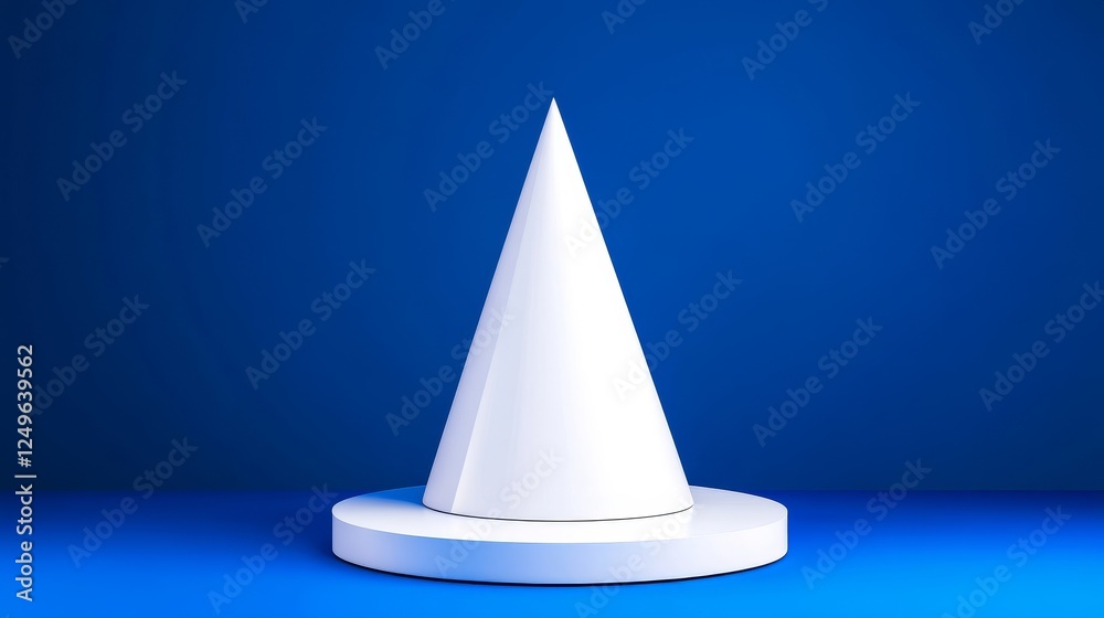 Fototapeta premium 3D White Cone Shape on Blue Background for Product Display - This image features a white cone-shaped podium on a solid blue background, symbolizing minimalism, elegance, presentation, creativity
